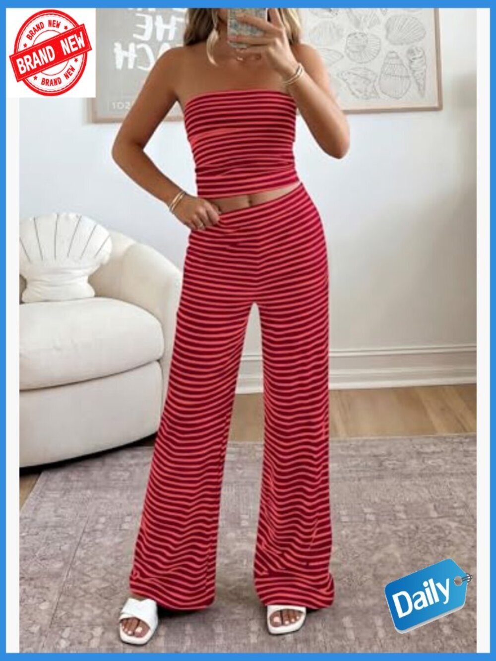 Two Piece Stripe Tube Top & Wide Leg Pants Set Summer Travel Outfit - Picture 2 of 7